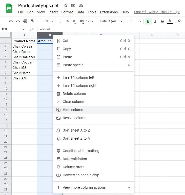 How to Hide Columns in Google Sheets?