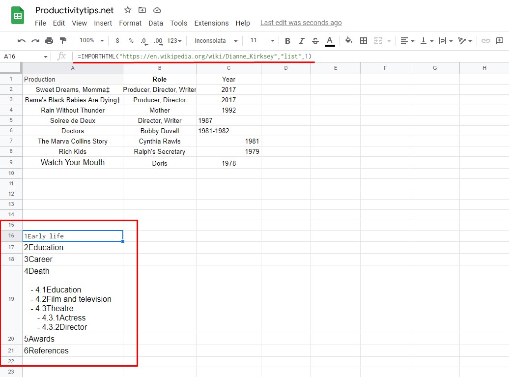 IMPORTHTML Function in Google Sheets